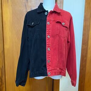Source Unknown Black and Red Split Denim Jean Jacket Front Chest Pockets